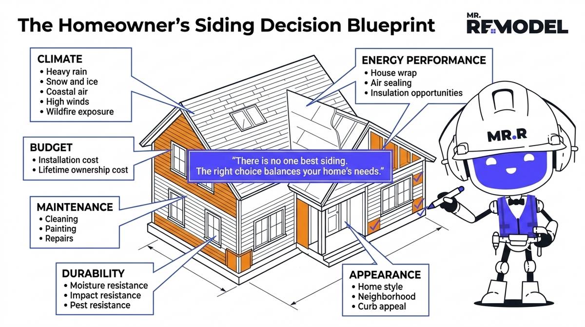 An architectural blueprint of a two-story home viewed from above. Six blueprint callouts radiate from the house, each pointing to a different part of the structure.
